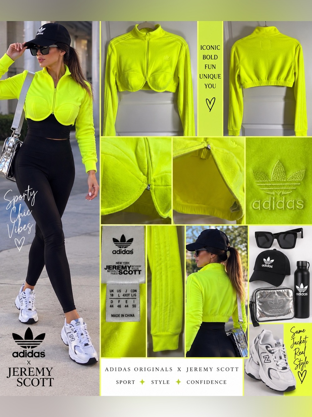 adidas Neon Yellow Cropped Zip-Front Long Sleeve Top with Bust Seams